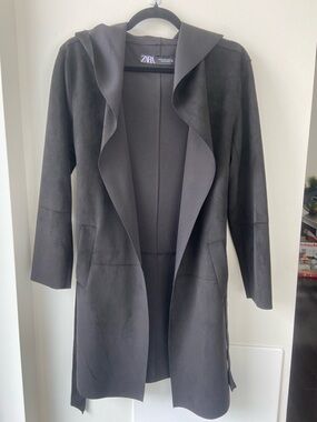 Zara Faux Suede Hooded Wrap Coat XS